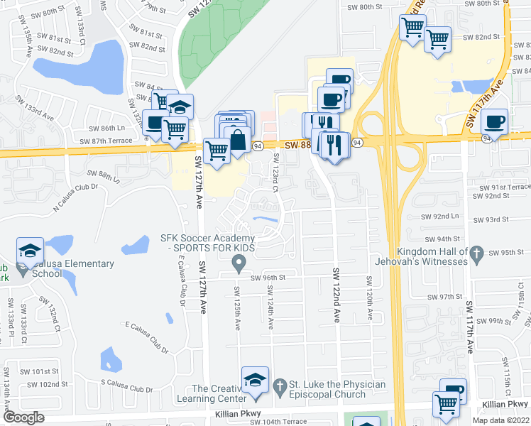 map of restaurants, bars, coffee shops, grocery stores, and more near 9015 Southwest 125th Avenue in Miami