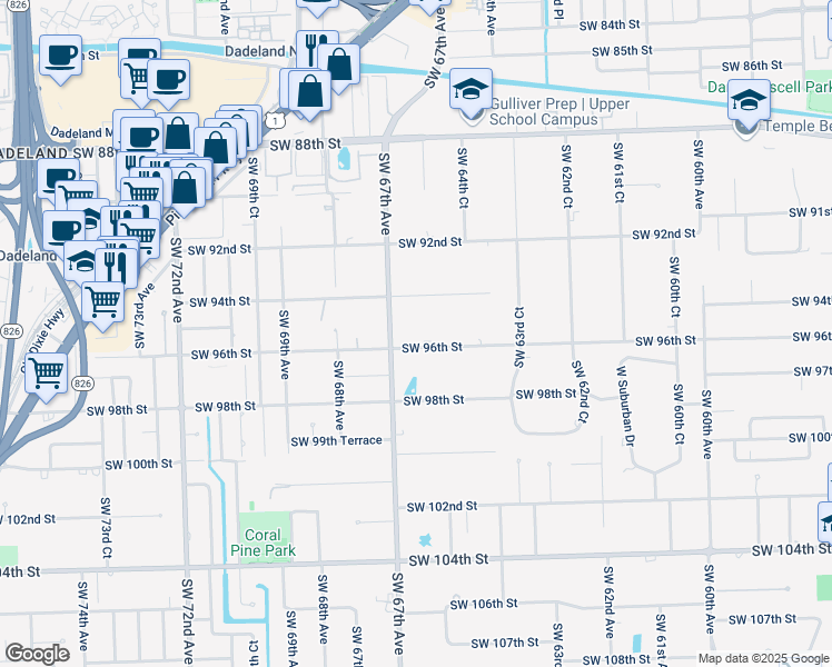 map of restaurants, bars, coffee shops, grocery stores, and more near 9451 Southwest 67th Avenue in Pinecrest