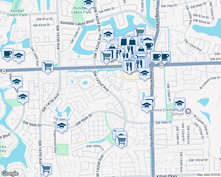map of restaurants, bars, coffee shops, grocery stores, and more near 9041 Southwest 142nd Avenue in Miami