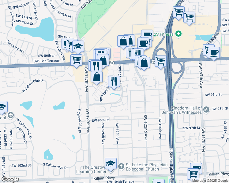 map of restaurants, bars, coffee shops, grocery stores, and more near 9135 Southwest 125th Avenue in Miami