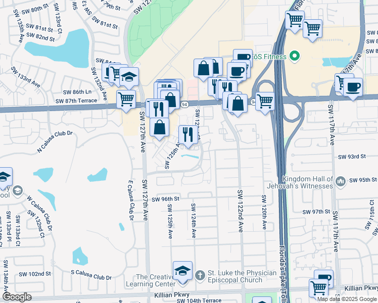 map of restaurants, bars, coffee shops, grocery stores, and more near 9140 Southwest 123rd Court in Miami