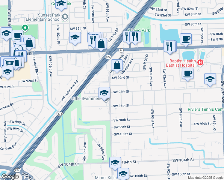 map of restaurants, bars, coffee shops, grocery stores, and more near 9706 Southwest 92nd Terrace in Miami