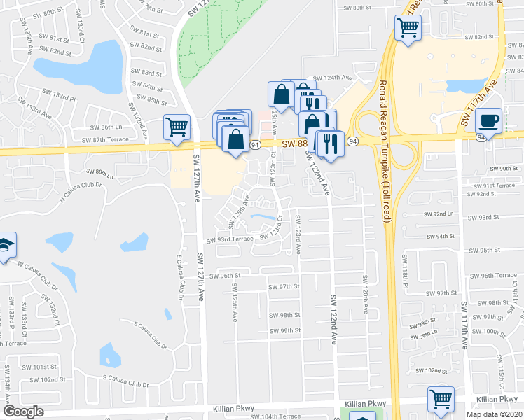 map of restaurants, bars, coffee shops, grocery stores, and more near 9015 Southwest 125th Avenue in Miami