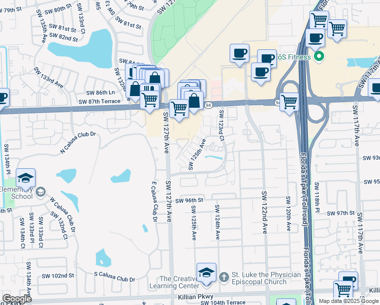 map of restaurants, bars, coffee shops, grocery stores, and more near 12625 Southwest 91st Street in Miami