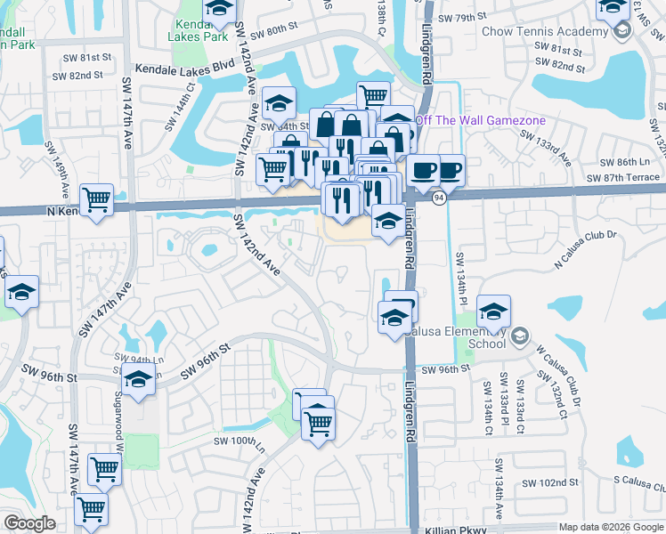 map of restaurants, bars, coffee shops, grocery stores, and more near 13930 91st Terrace in Miami