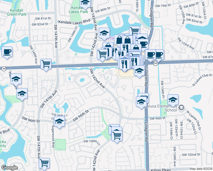 map of restaurants, bars, coffee shops, grocery stores, and more near 9041 Southwest 142nd Avenue in Miami