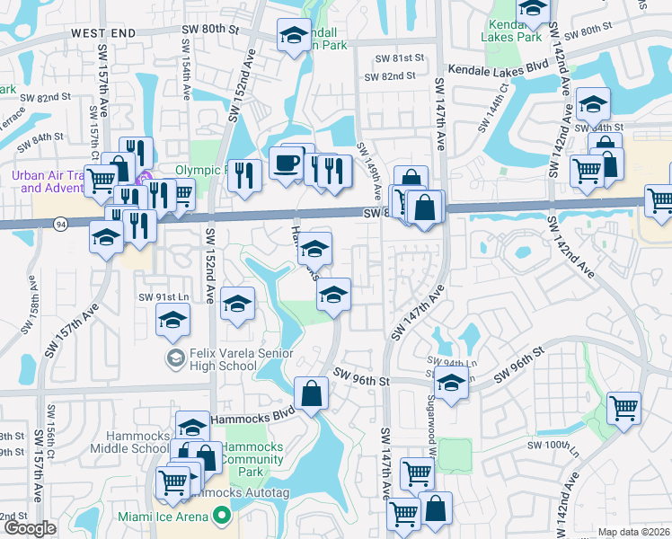 map of restaurants, bars, coffee shops, grocery stores, and more near 15012 Southwest 89th Terrace in Miami