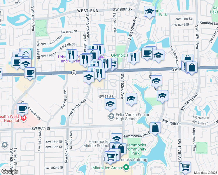 map of restaurants, bars, coffee shops, grocery stores, and more near 8954 Southwest 153rd Court in Miami