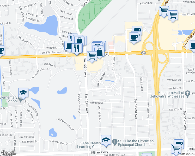 map of restaurants, bars, coffee shops, grocery stores, and more near 9030 Southwest 125th Avenue in Miami