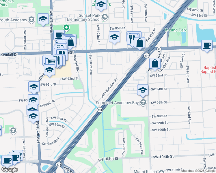 map of restaurants, bars, coffee shops, grocery stores, and more near 9220 Southwest 101st Avenue in Miami