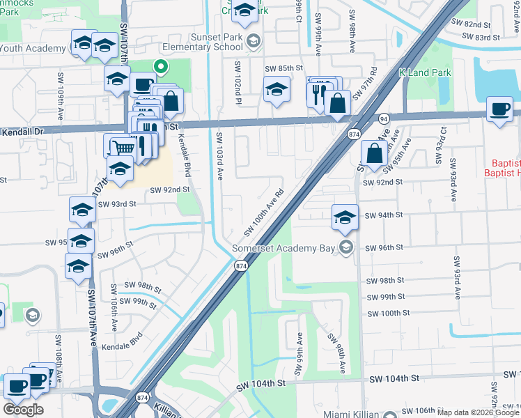 map of restaurants, bars, coffee shops, grocery stores, and more near 9220 Southwest 101st Avenue in Miami