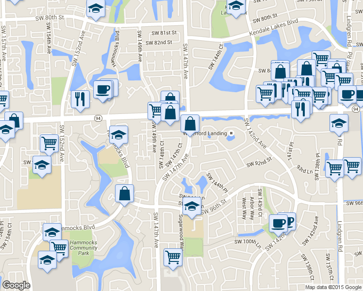 map of restaurants, bars, coffee shops, grocery stores, and more near 9124 Southwest 147th Avenue in Miami