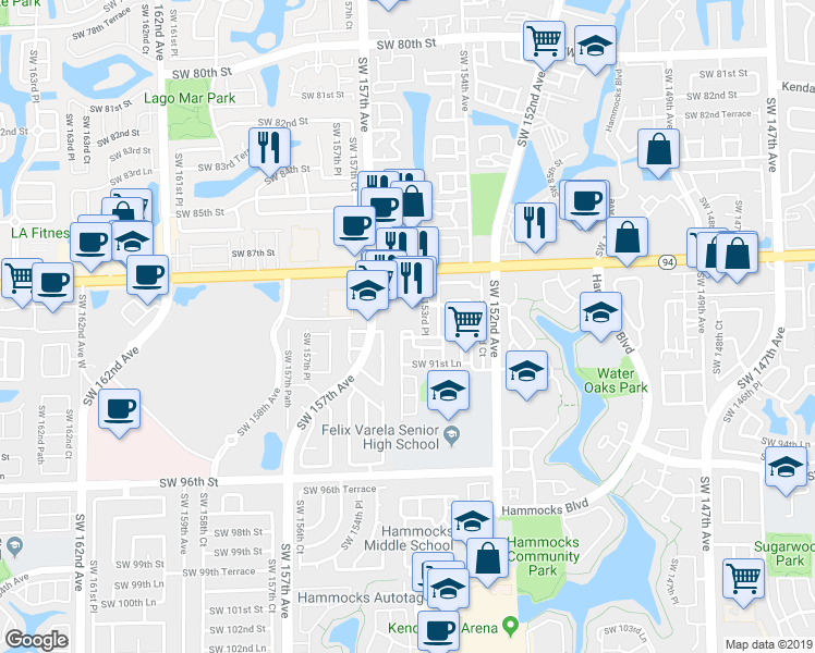 map of restaurants, bars, coffee shops, grocery stores, and more near 15500 Southwest 88th Street in Miami