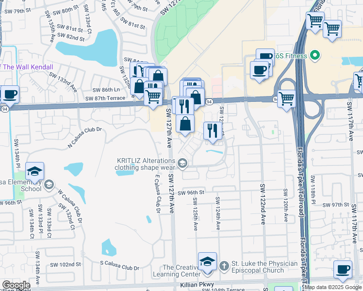 map of restaurants, bars, coffee shops, grocery stores, and more near 12615 Southwest 91st Street in Miami