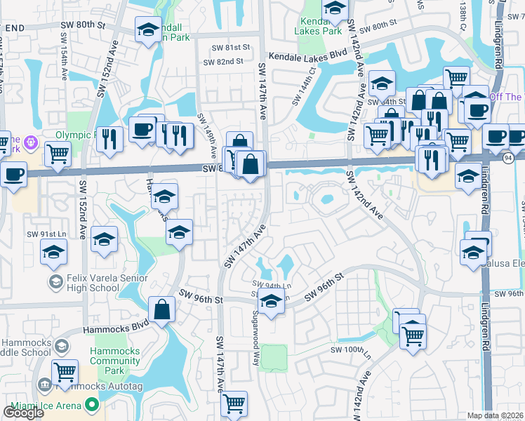 map of restaurants, bars, coffee shops, grocery stores, and more near 9124 Southwest 147th Avenue in Miami