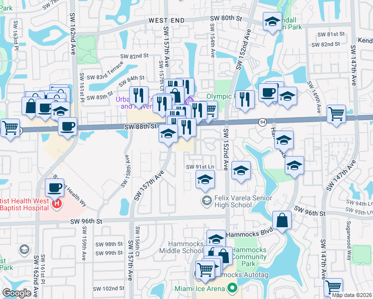 map of restaurants, bars, coffee shops, grocery stores, and more near 15500 Southwest 88th Street in Miami