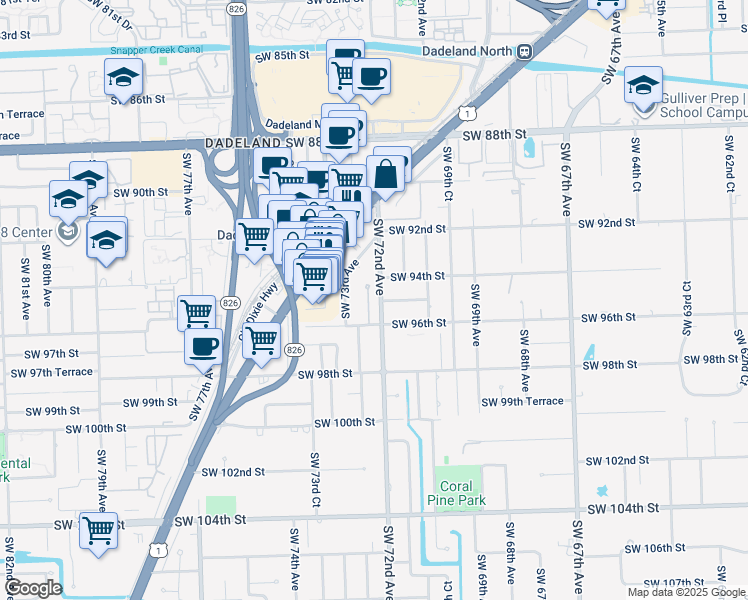 map of restaurants, bars, coffee shops, grocery stores, and more near 9430 Southwest 72nd Avenue in Miami