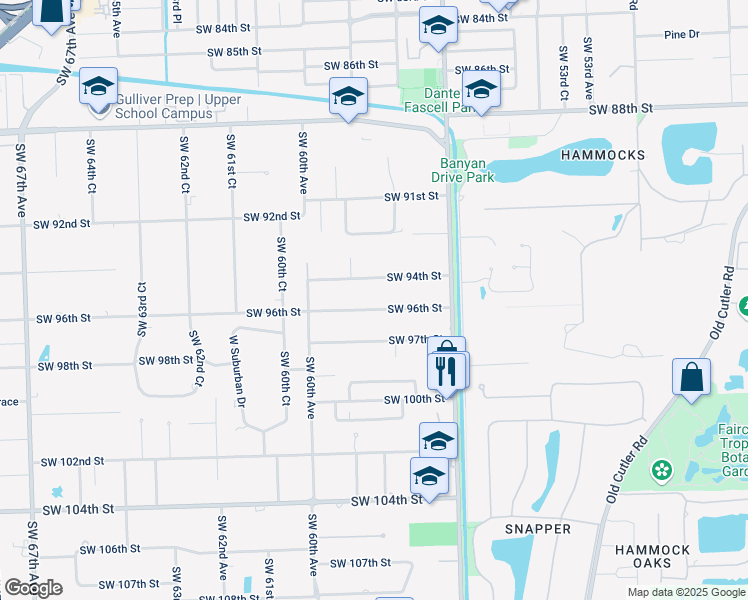 map of restaurants, bars, coffee shops, grocery stores, and more near 5850 Southwest 94th Street in Miami