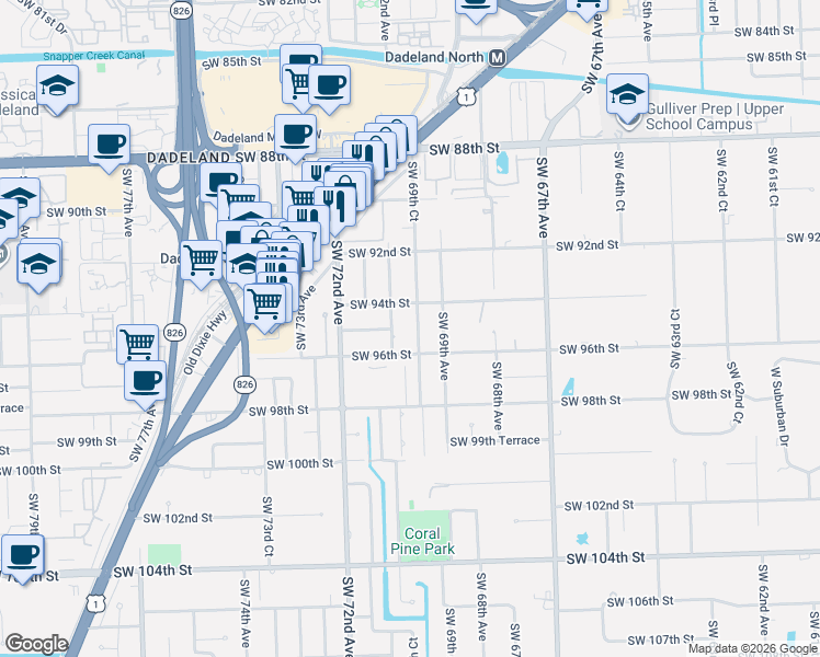 map of restaurants, bars, coffee shops, grocery stores, and more near 9401 Southwest 70th Avenue in Miami