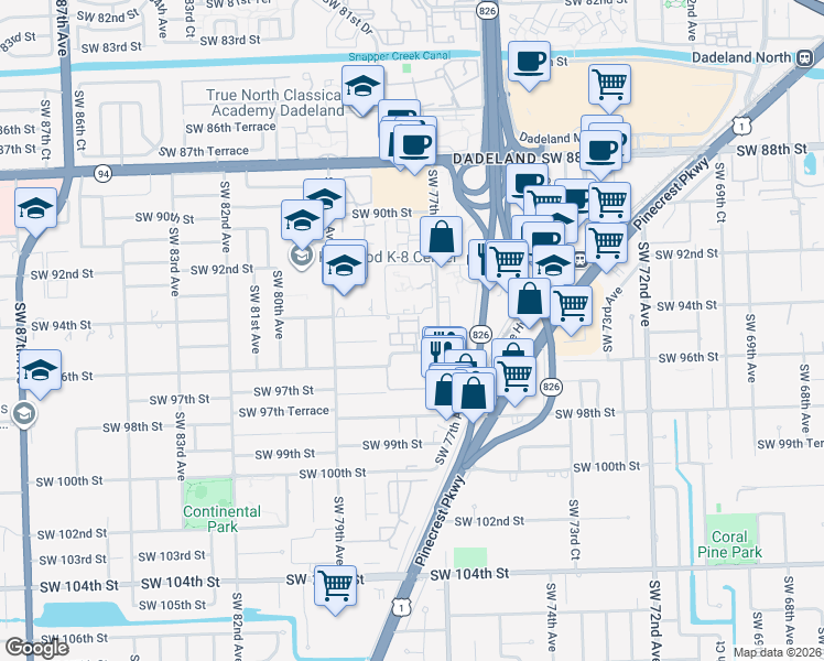 map of restaurants, bars, coffee shops, grocery stores, and more near 7771 Southwest 94th Terrace in Miami