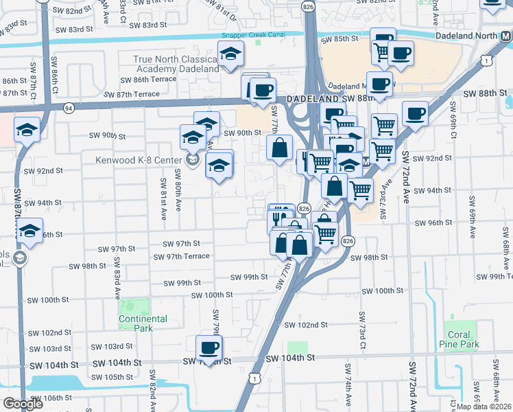 map of restaurants, bars, coffee shops, grocery stores, and more near 7771 Southwest 94th Terrace in Miami