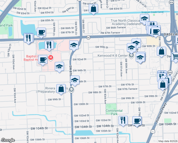map of restaurants, bars, coffee shops, grocery stores, and more near 8445 Southwest 94th Street in Miami