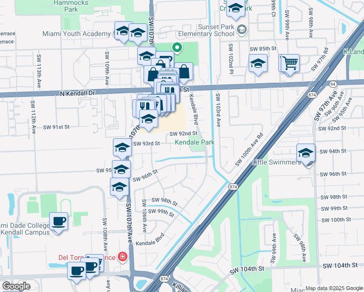 map of restaurants, bars, coffee shops, grocery stores, and more near 10411 Southwest 93rd Street in Miami