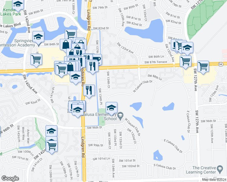 map of restaurants, bars, coffee shops, grocery stores, and more near 13391 Southwest 91st Terrace in Miami