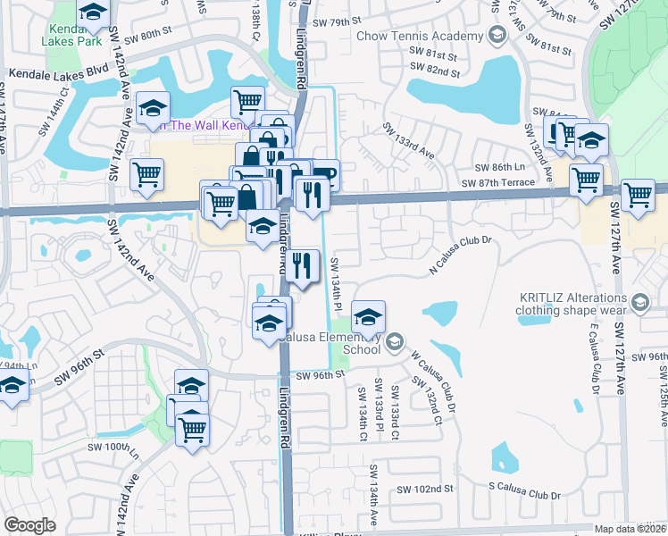 map of restaurants, bars, coffee shops, grocery stores, and more near 13444 Southwest 90th Terrace in Miami