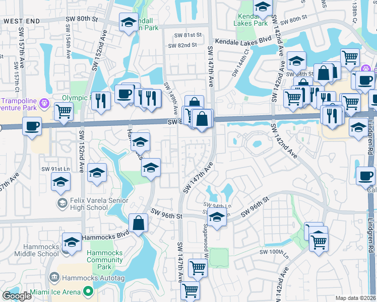 map of restaurants, bars, coffee shops, grocery stores, and more near 14815 Southwest 90th Terrace in Miami