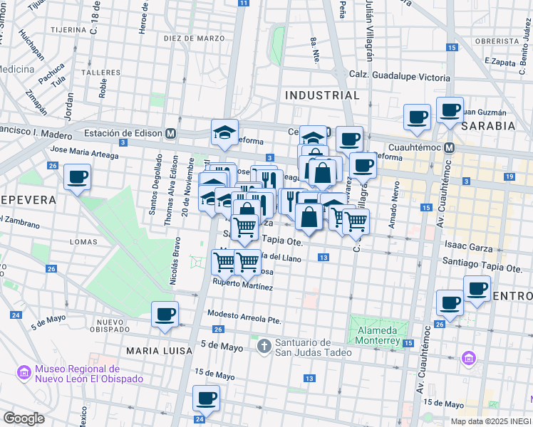 map of restaurants, bars, coffee shops, grocery stores, and more near 623 Miguel Nieto in Monterrey