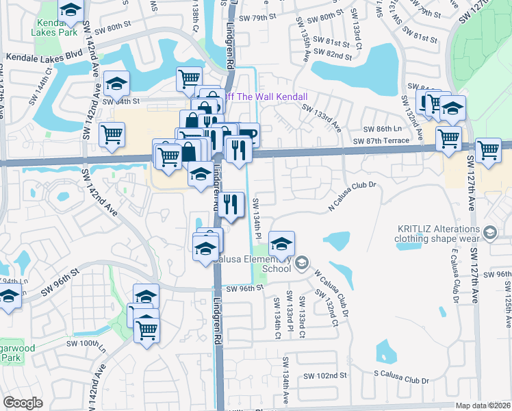map of restaurants, bars, coffee shops, grocery stores, and more near 13444 Southwest 90th Terrace in Miami