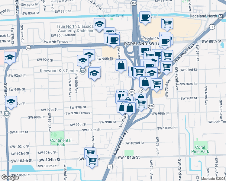 map of restaurants, bars, coffee shops, grocery stores, and more near 7771 Southwest 94th Terrace in Miami