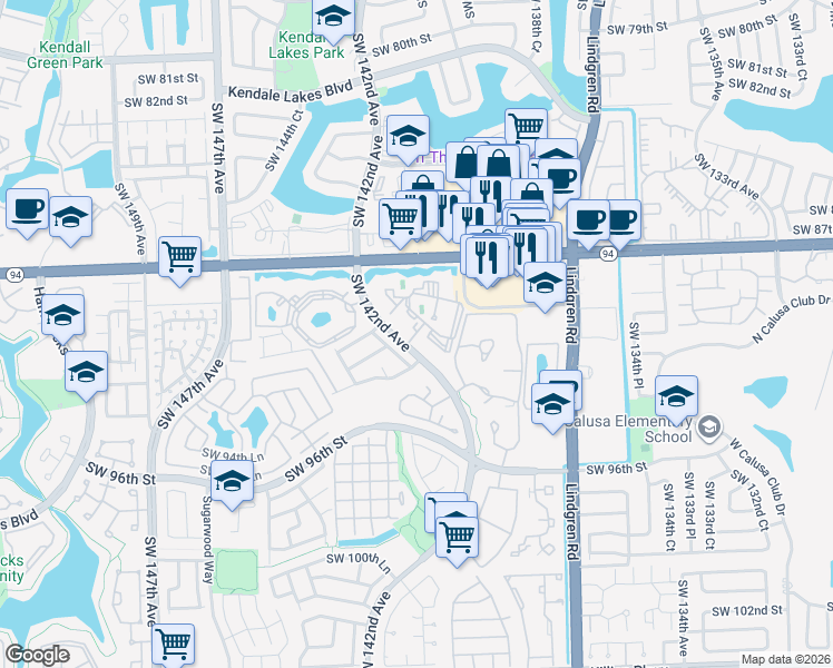map of restaurants, bars, coffee shops, grocery stores, and more near 9041 Southwest 142nd Avenue in Miami