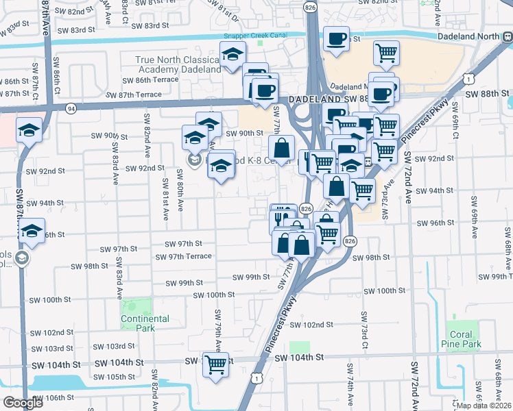 map of restaurants, bars, coffee shops, grocery stores, and more near 7771 Southwest 94th Terrace in Miami