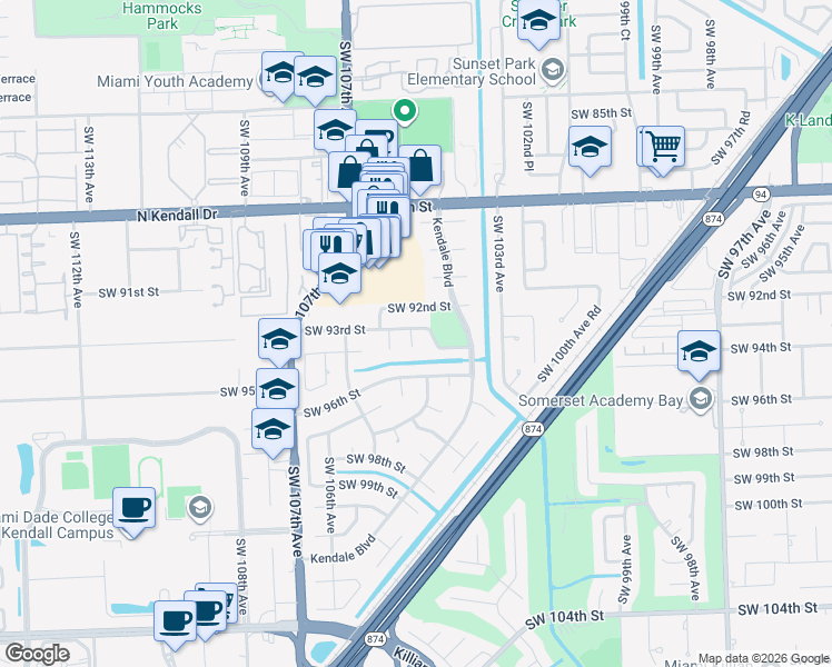 map of restaurants, bars, coffee shops, grocery stores, and more near 10411 Southwest 93rd Street in Miami