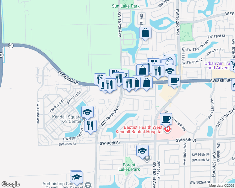 map of restaurants, bars, coffee shops, grocery stores, and more near 16730 North Kendall Drive in Miami