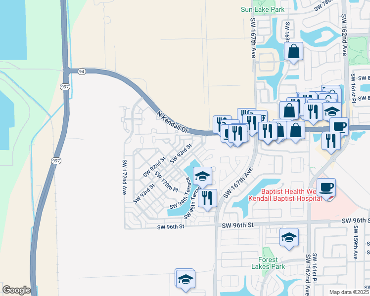 map of restaurants, bars, coffee shops, grocery stores, and more near 16935 Southwest 93rd Street in Miami