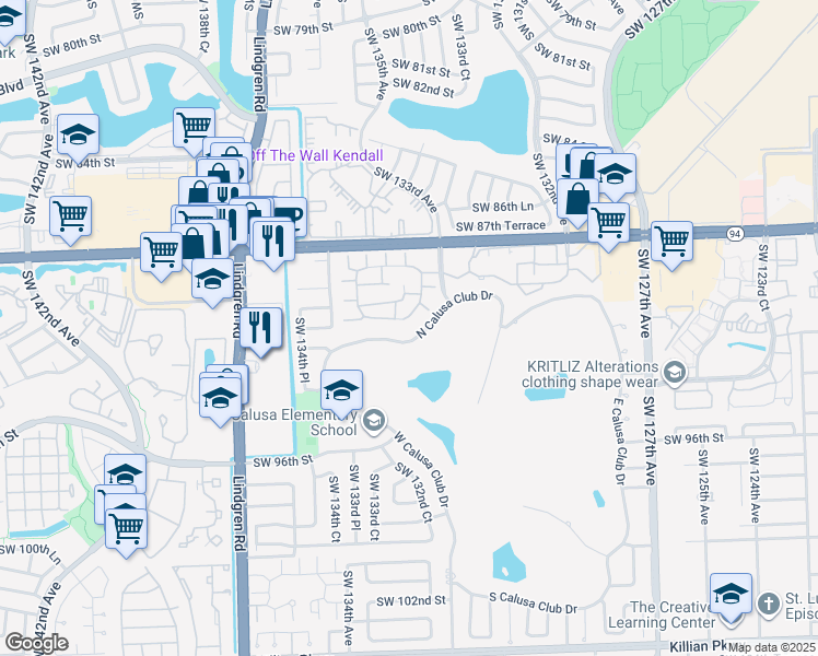 map of restaurants, bars, coffee shops, grocery stores, and more near 9099 Southwest 133rd Court in Miami