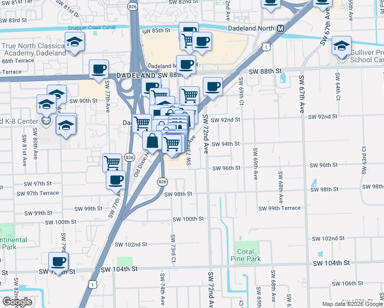 map of restaurants, bars, coffee shops, grocery stores, and more near 9400 Southwest 73rd Avenue in Miami