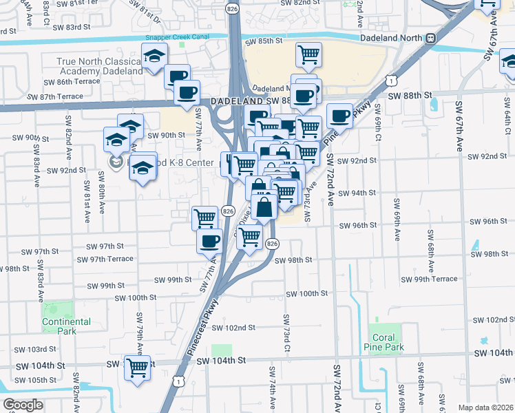 map of restaurants, bars, coffee shops, grocery stores, and more near 9400 South Miami-Dade Busway in Kendall