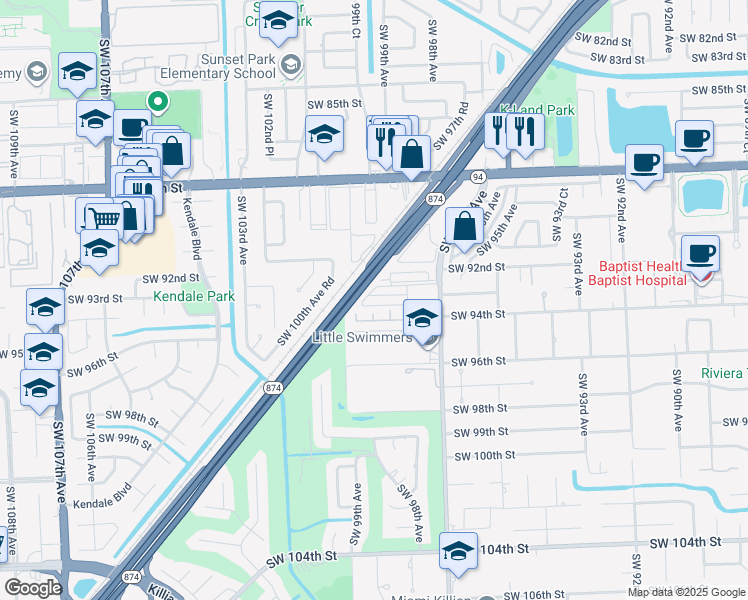 map of restaurants, bars, coffee shops, grocery stores, and more near 9825 Southwest 93rd Terrace in Miami