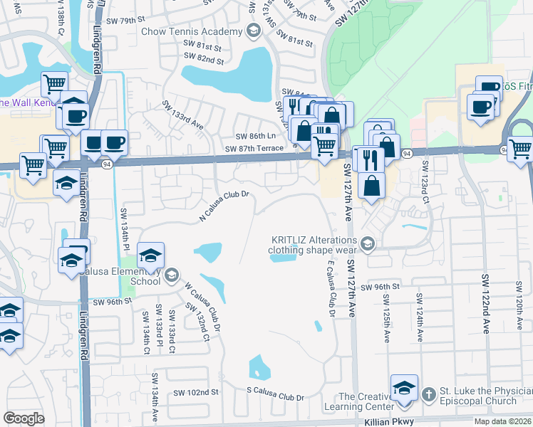 map of restaurants, bars, coffee shops, grocery stores, and more near 12930 North Calusa Club Drive in Miami