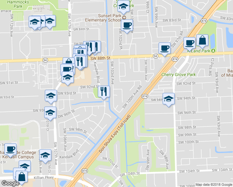 map of restaurants, bars, coffee shops, grocery stores, and more near 10275 Southwest 93rd Terrace in Miami