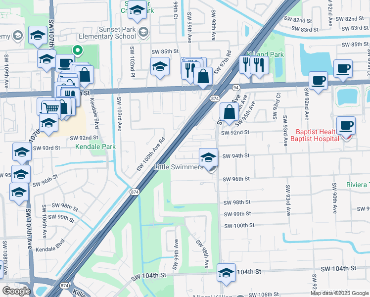 map of restaurants, bars, coffee shops, grocery stores, and more near 9825 Southwest 93rd Terrace in Miami