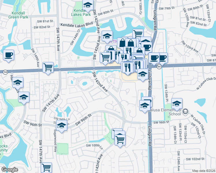 map of restaurants, bars, coffee shops, grocery stores, and more near 9041 Southwest 142nd Avenue in Miami