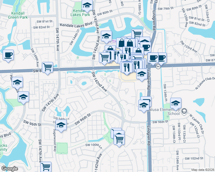 map of restaurants, bars, coffee shops, grocery stores, and more near 8961 Southwest 142nd Avenue in Miami