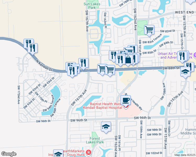 map of restaurants, bars, coffee shops, grocery stores, and more near 16508 Southwest 88th Street in Miami