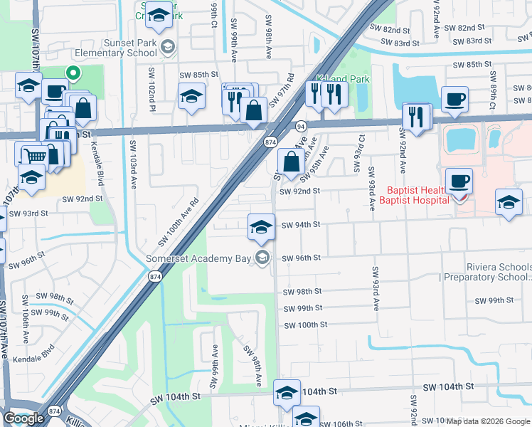 map of restaurants, bars, coffee shops, grocery stores, and more near 9706 Southwest 92nd Terrace in Miami
