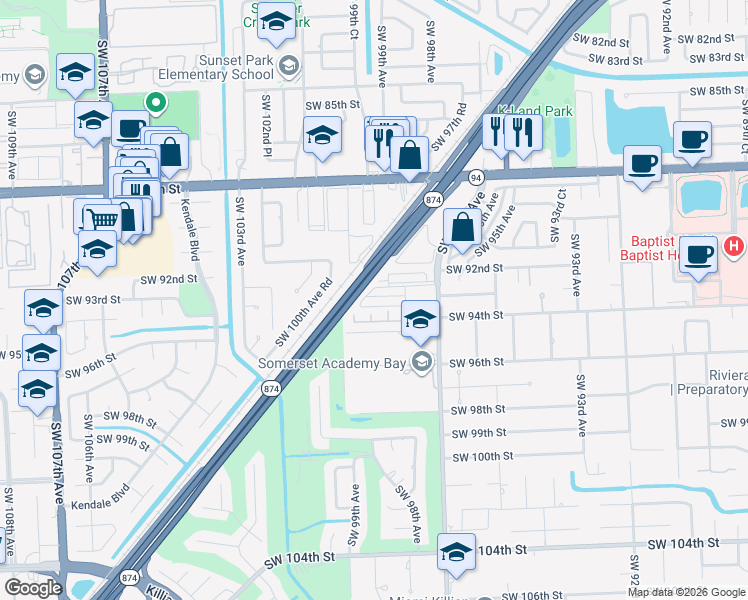 map of restaurants, bars, coffee shops, grocery stores, and more near 9825 Southwest 93rd Terrace in Miami